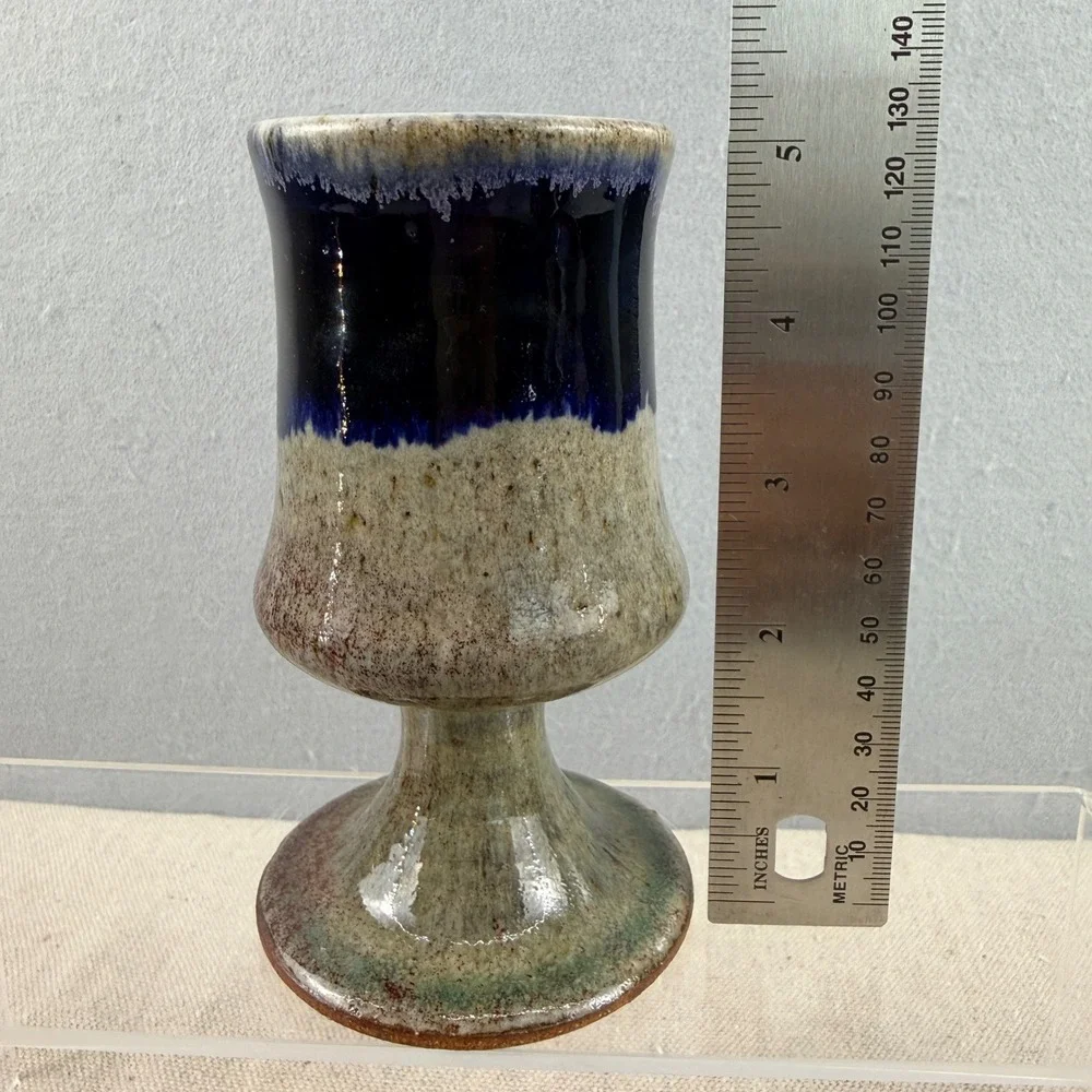 Vintage Studio Pottery Goblet Pair Cobalt Blue Drip Glaze Stoneware MCM
